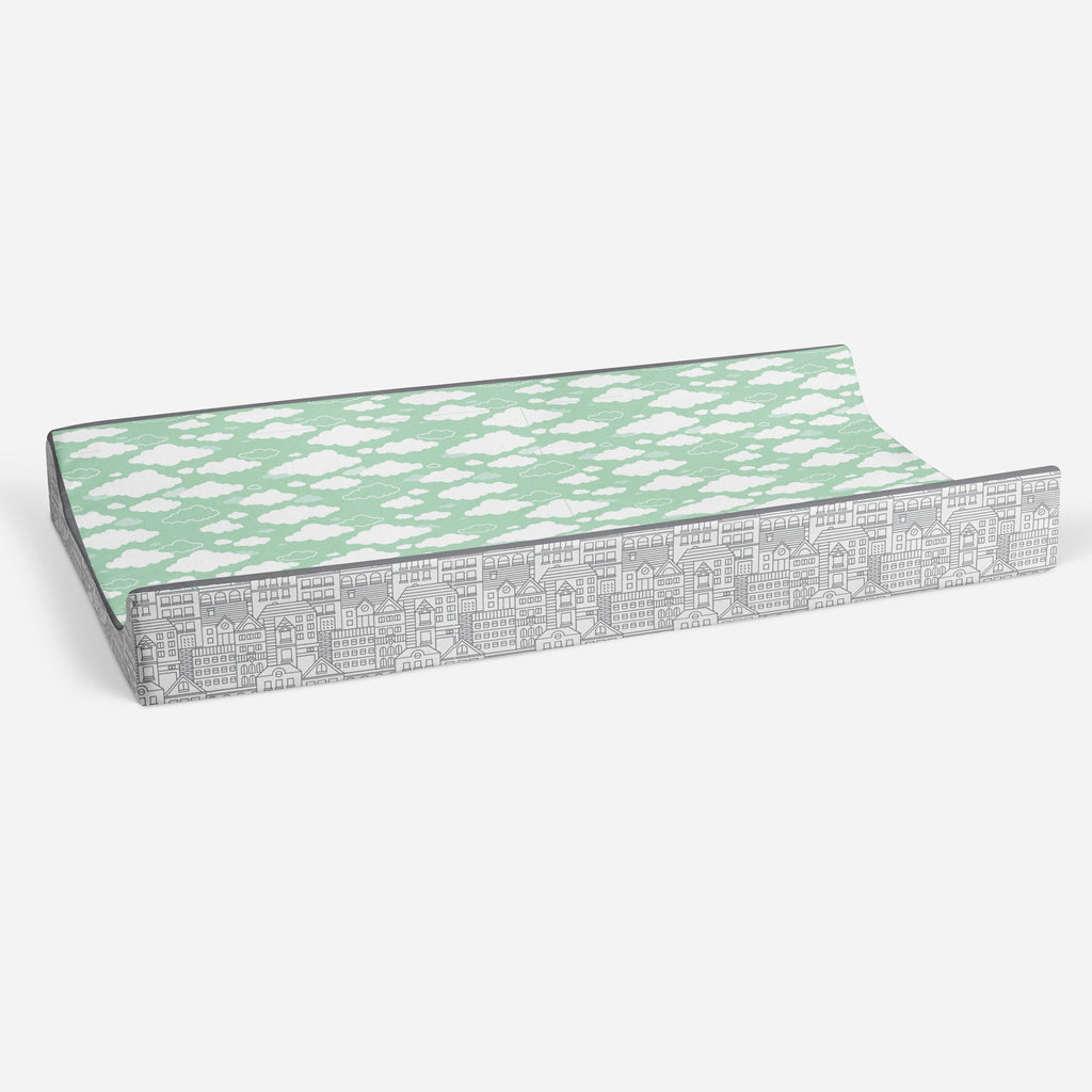 Clouds in the City Mint/Grey Neutral Quilted Changing Pad Cover - Bacati - Changing pad cover - Bacati