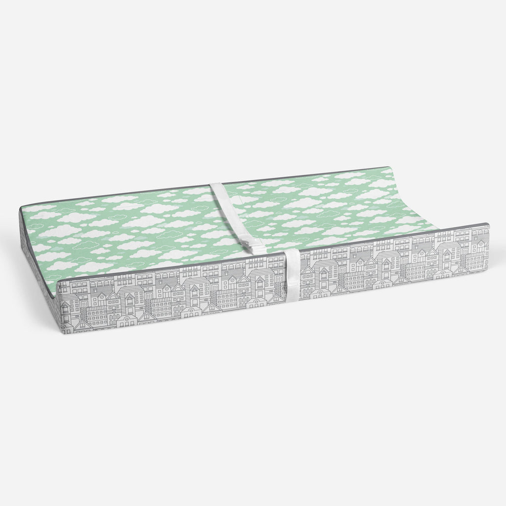 Clouds in the City Mint/Grey Neutral Quilted Changing Pad Cover - Bacati - Changing pad cover - Bacati