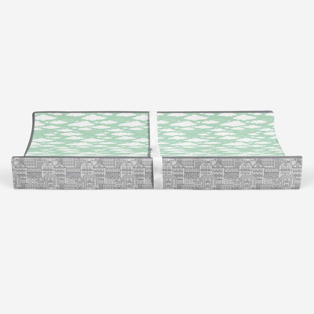 Clouds in the City Mint/Grey Neutral Quilted Changing Pad Cover - Bacati - Changing pad cover - Bacati