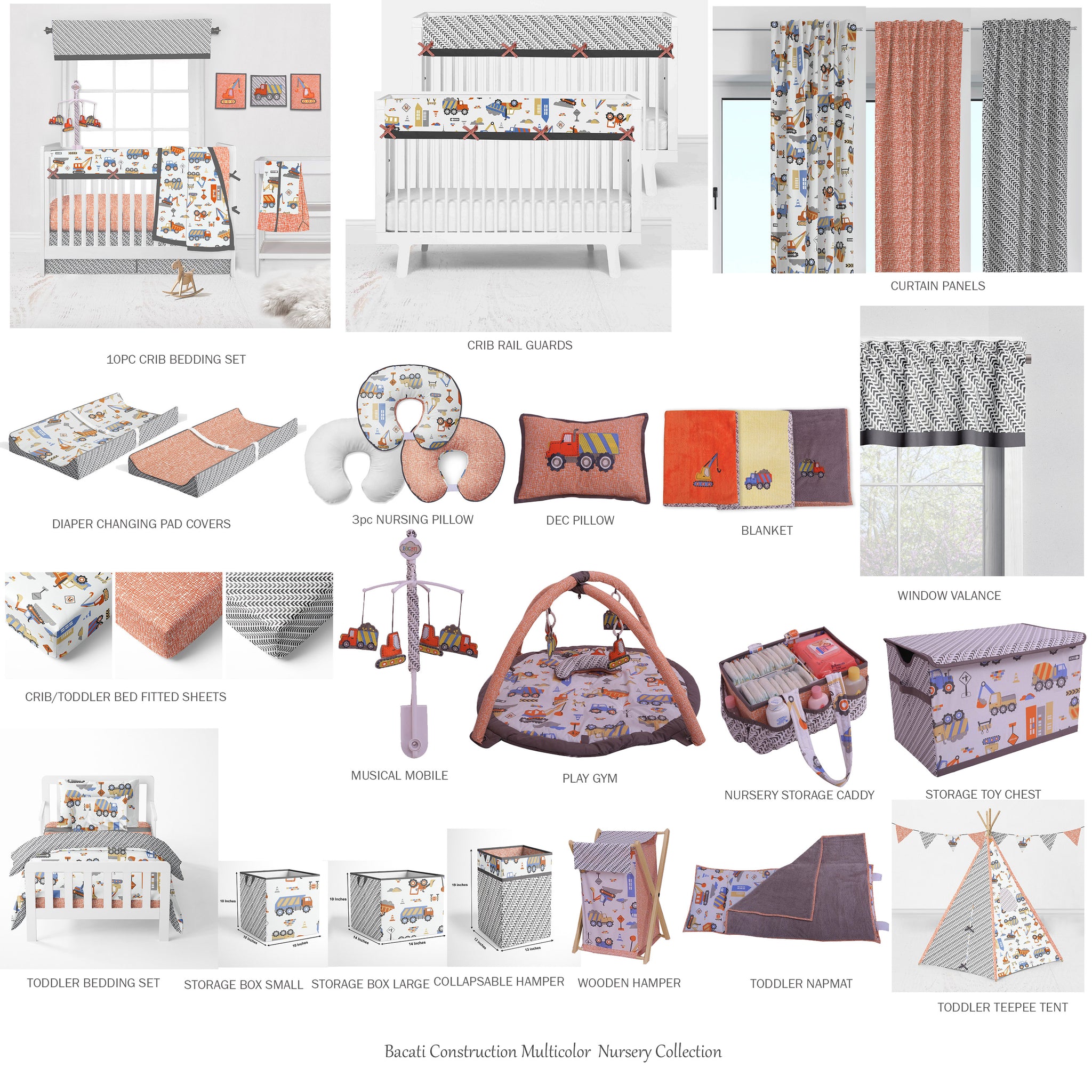Bacati Construction 4 Piece Crib Bedding Set with Diaper Stacker Yellow Orange Blue Grey Boys