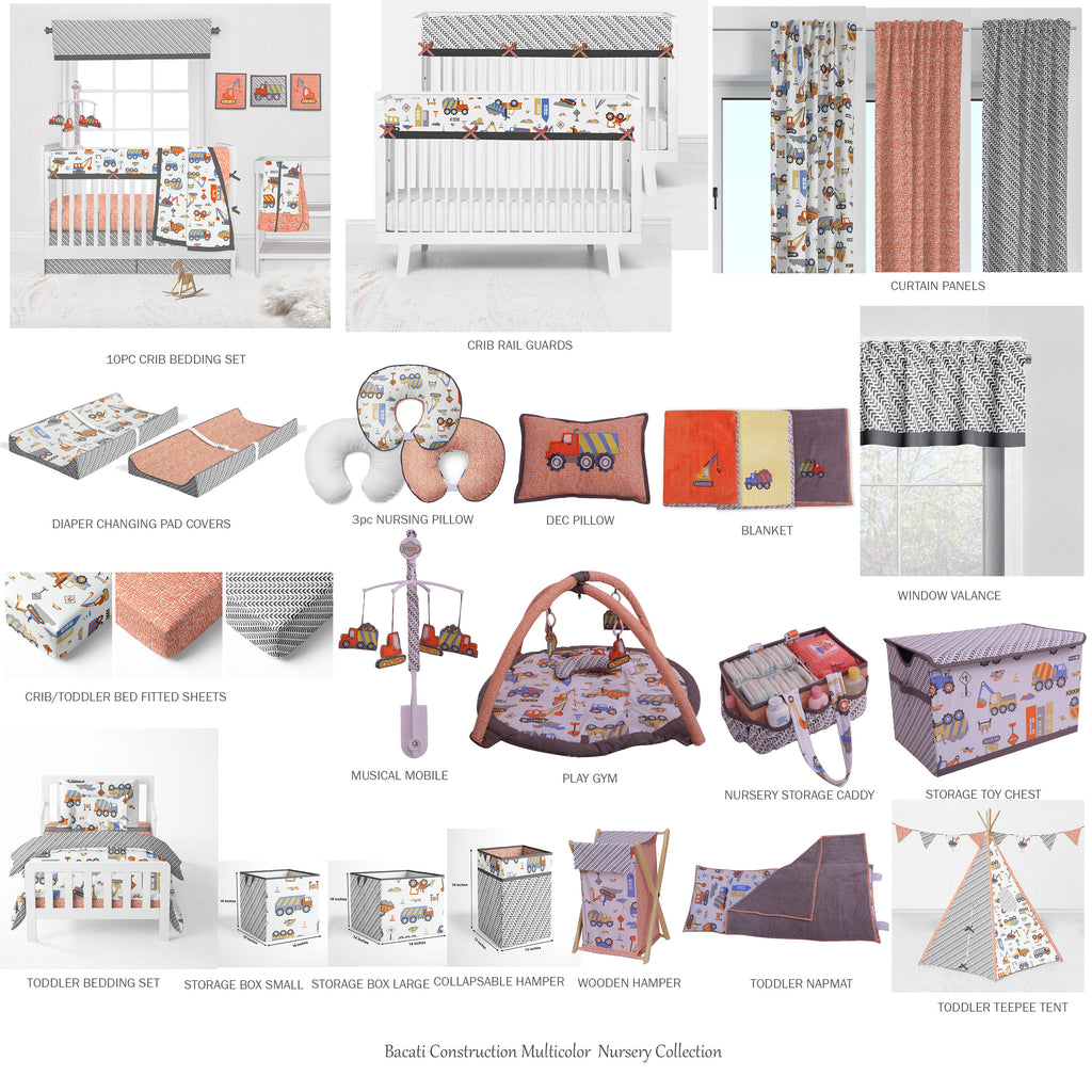 Bacati - Long/Small Crib Rail Guard Covers Cotton, Construction, Yellow/Orange/Grey/Blue - Bacati