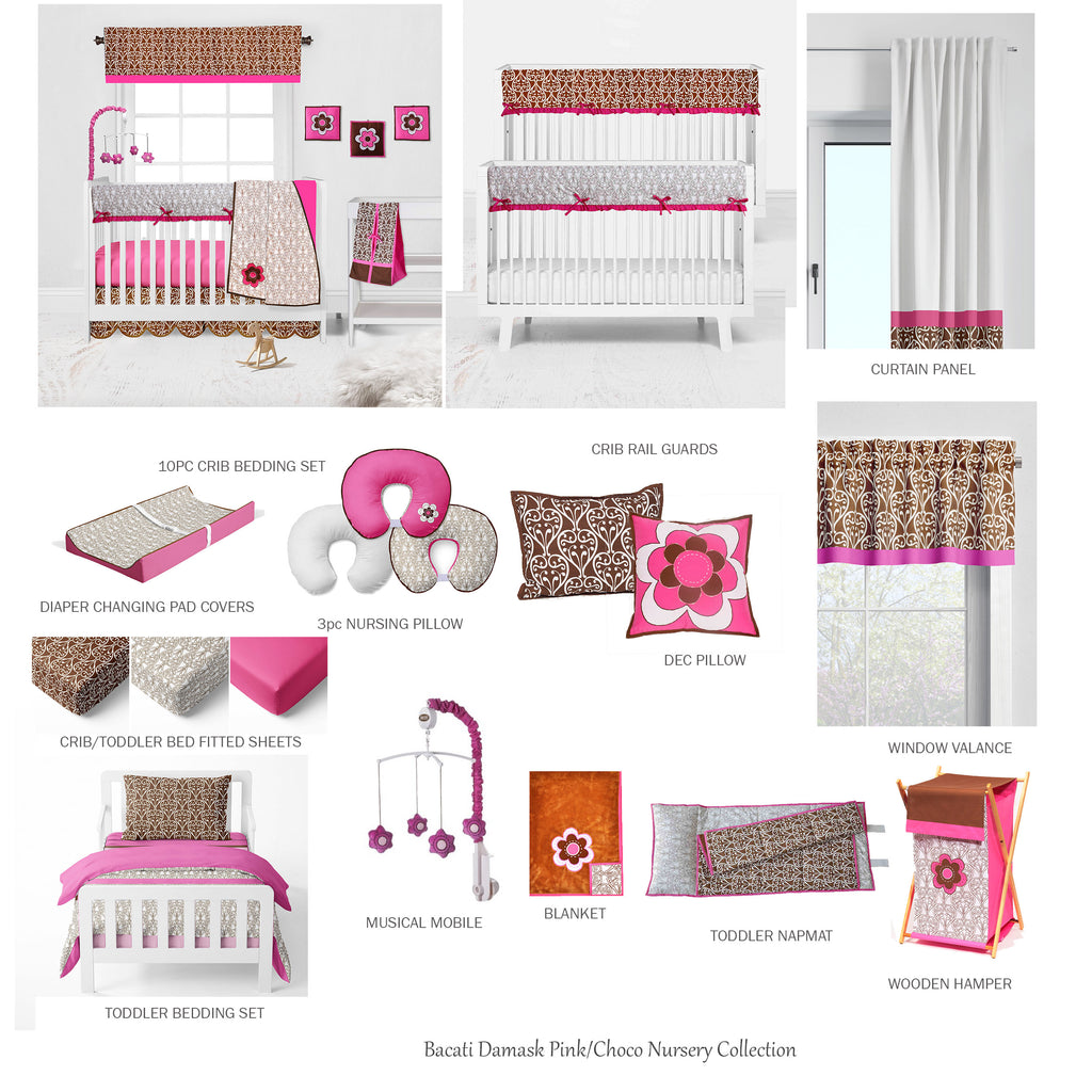 Bacati - Girls 4 pc Toddler Bedding/3 pc Sheet Set 100% Cotton Percale, Damask, Pink/Fuchsia/Chocolate - Bacati