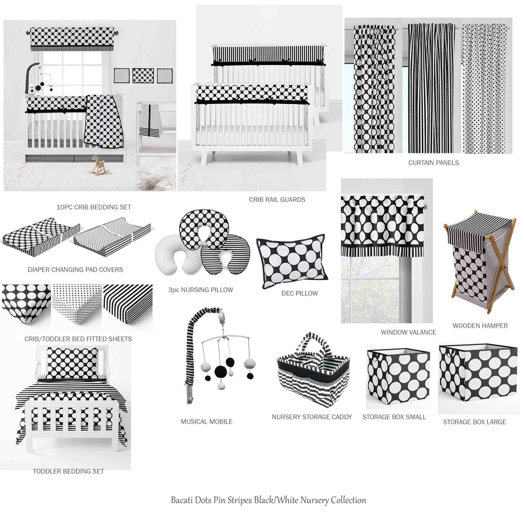 Bacati - Long/Small Crib Rail Guard Covers Cotton Dots/Stripes, Black/White - Bacati