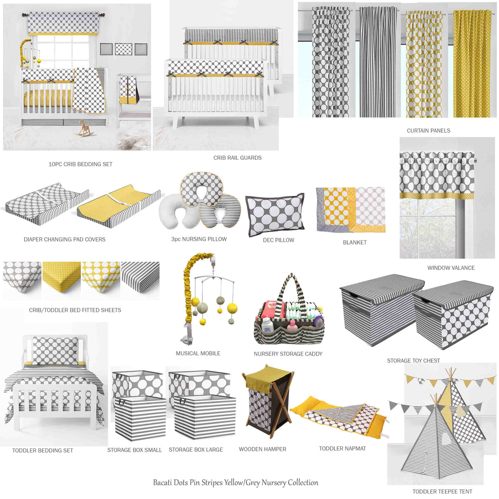Bacati - Crib Rail Guard Covers Cotton Dots/Stripes, Grey/Yellow - Bacati