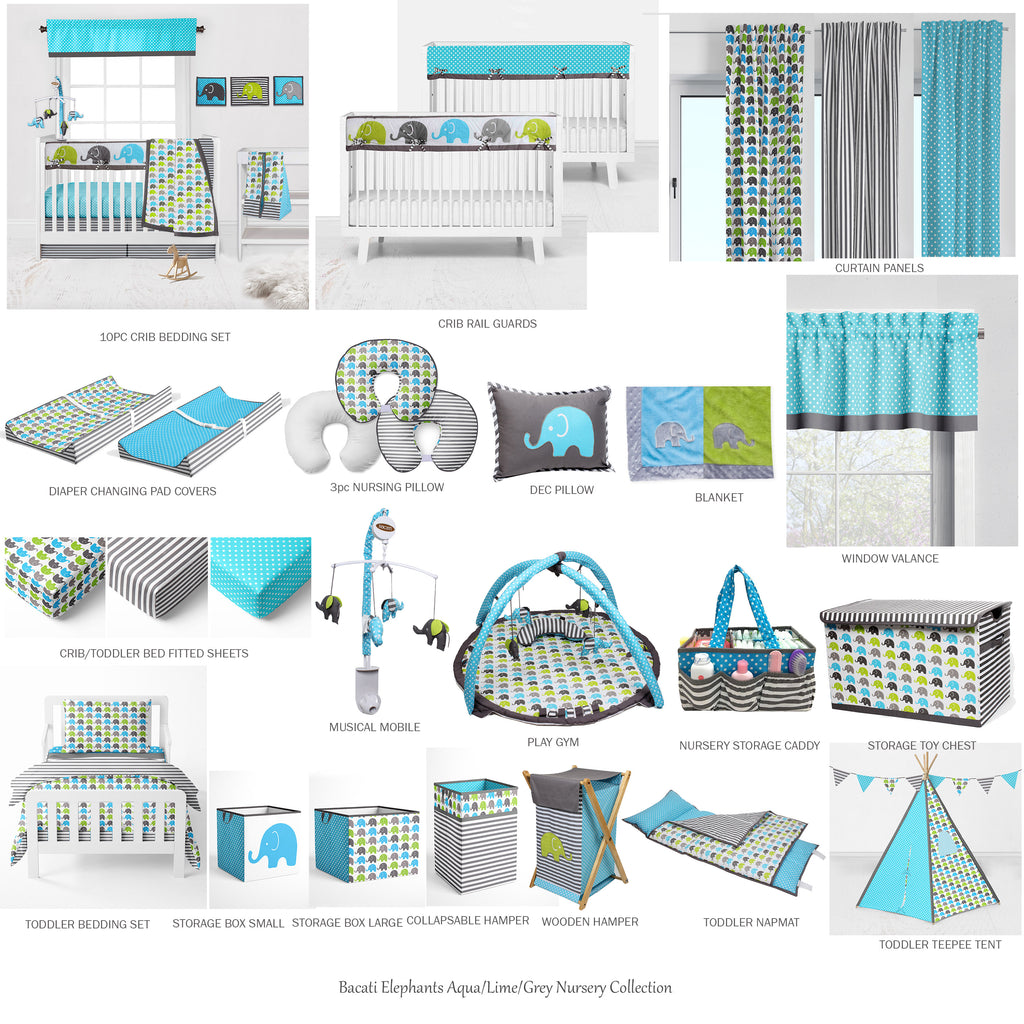 Bacati - Long/Small Crib Rail Guard Covers Cotton Elephants Aqua/Lime/Grey - Bacati