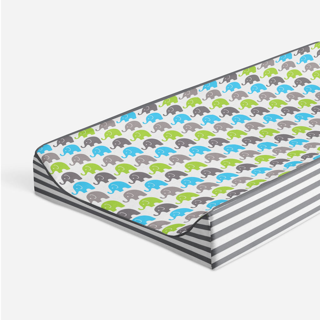 Elephants Aqua/Lime/Grey Quilted Changing Pad Cover - Bacati - Changing pad cover - Bacati
