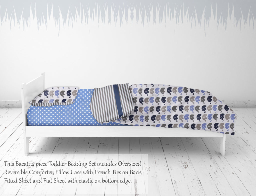 Toddler Bedding/Sheet Set 100% Cotton Percale, Elephants Blue/Grey - Bacati - 4 pc Toddler Bedding Set - Bacati
