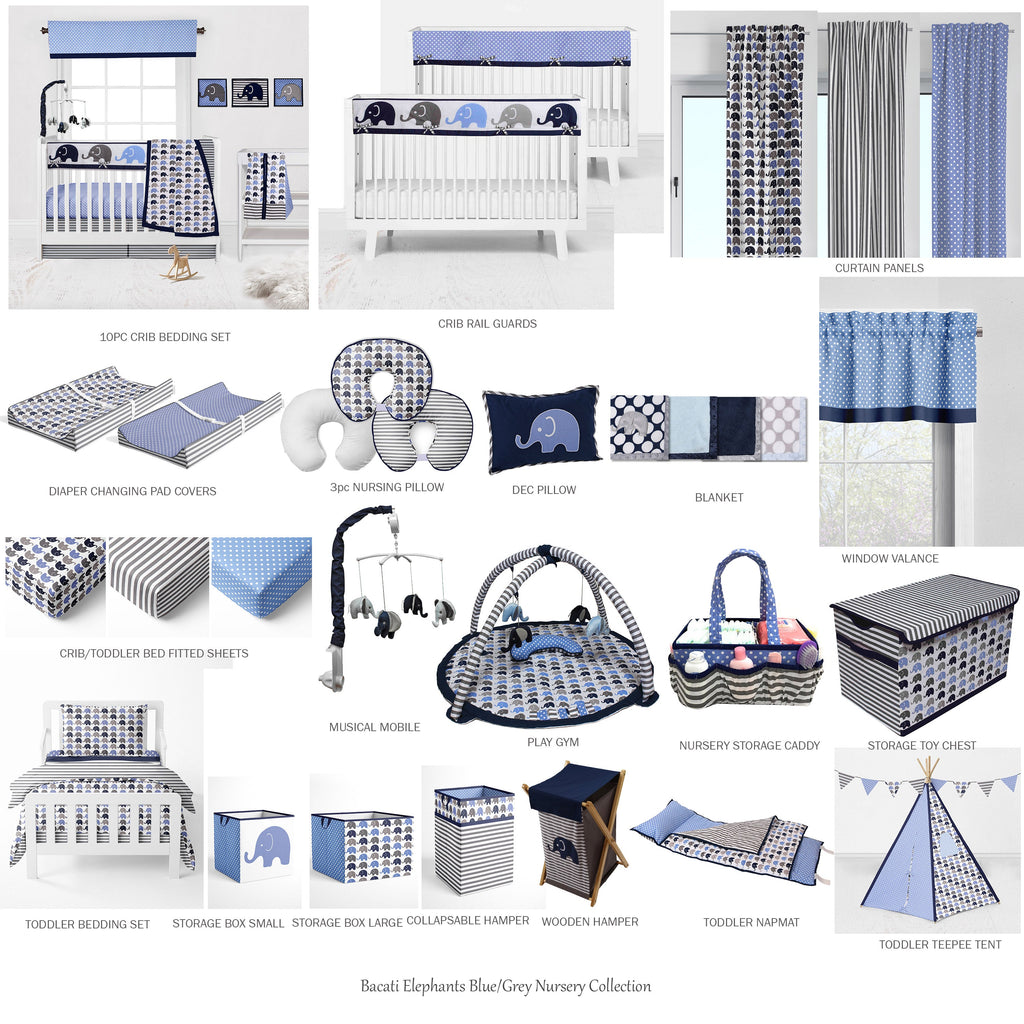 Bacati - Elephants Blue/Grey Toddler Bedding/Sheet Set 100% Cotton Percale, Elephants Blue/Grey - Bacati