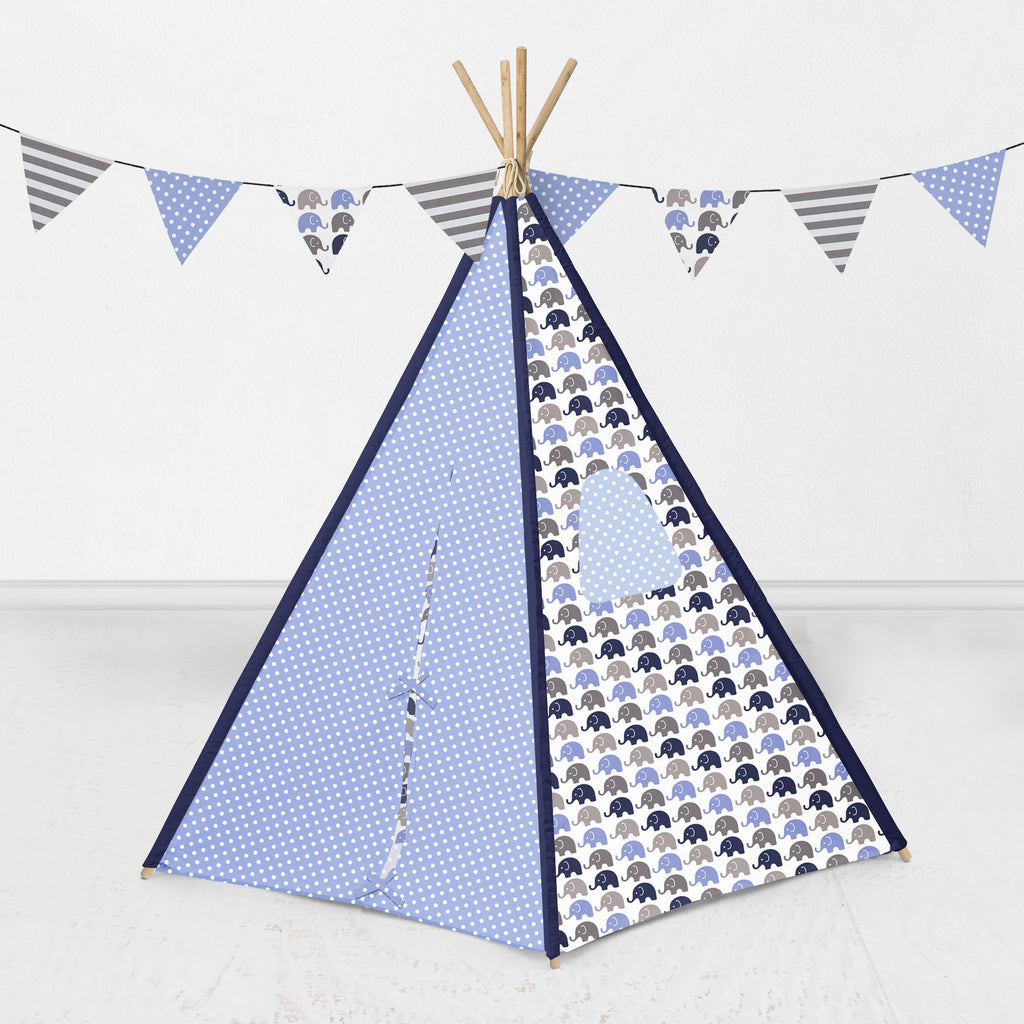 Bacati - Elephants Teepee Tent for Kids/Toddlers, 100% Cotton Breathable Percale Fabric Cover, Blue/Grey - Bacati