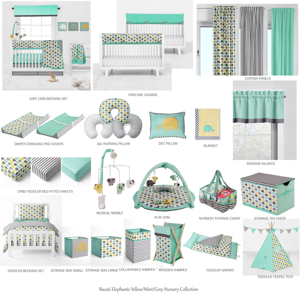 Bacati - Toddler Bedding/Sheet Set 100% Cotton Percale, Elephants Mint/Yellow/Grey - Bacati