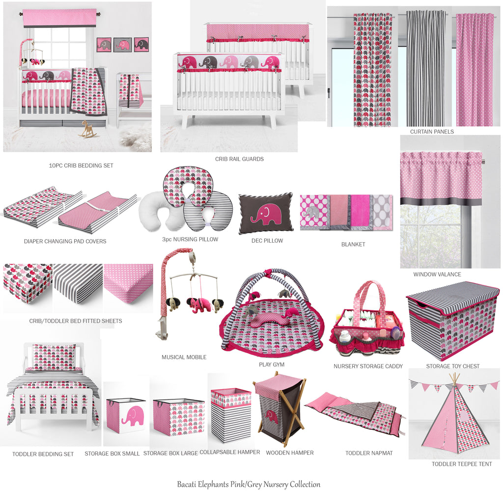 Bacati - Long/Small Crib Rail Guard Covers Cotton Elephants Pink/Grey - Bacati