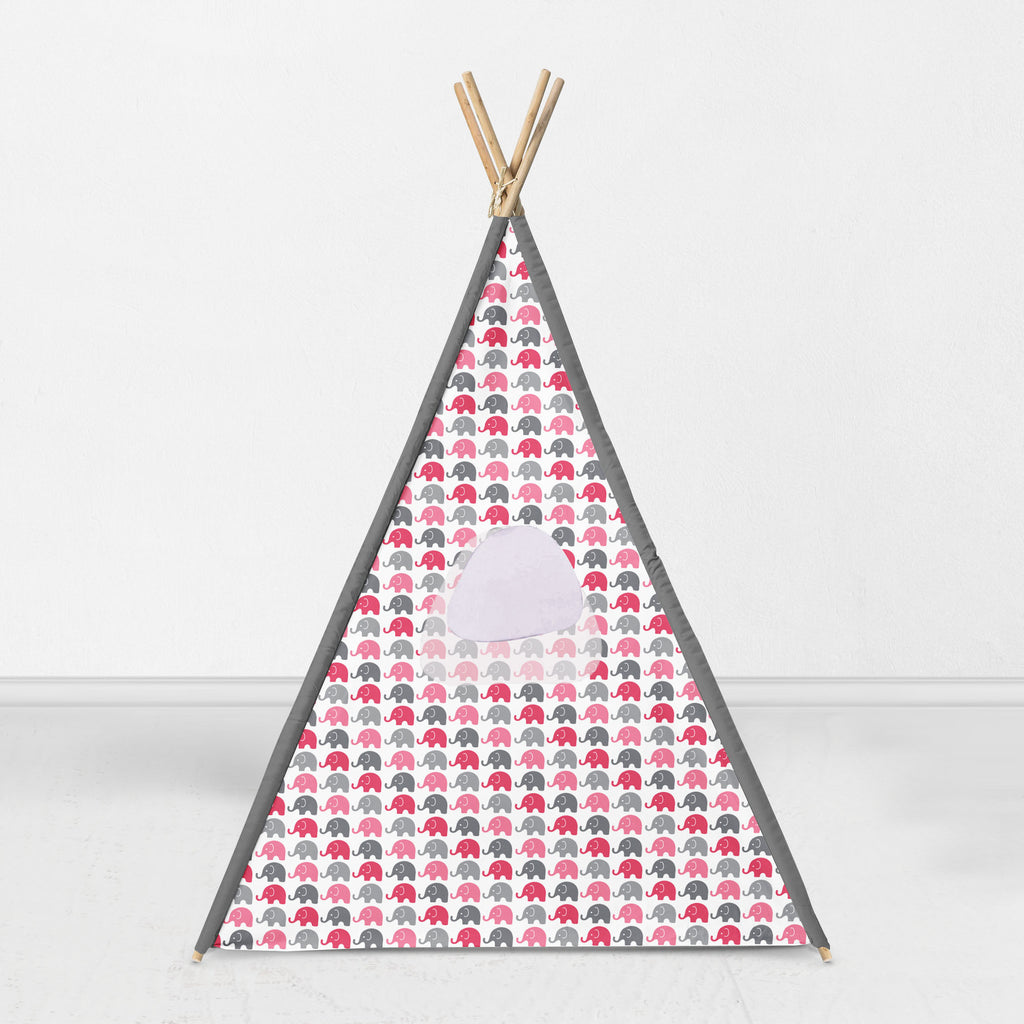 Bacati - Elephants Teepee Tent for Kids/Toddlers, 100% Cotton Breathable Percale Fabric Cover, Pink/Grey - Bacati