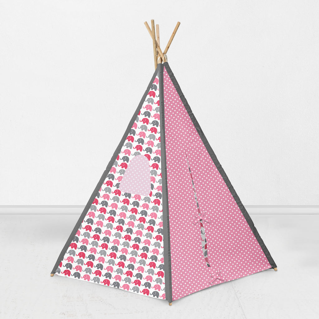 Bacati - Elephants Teepee Tent for Kids/Toddlers, 100% Cotton Breathable Percale Fabric Cover, Pink/Grey - Bacati