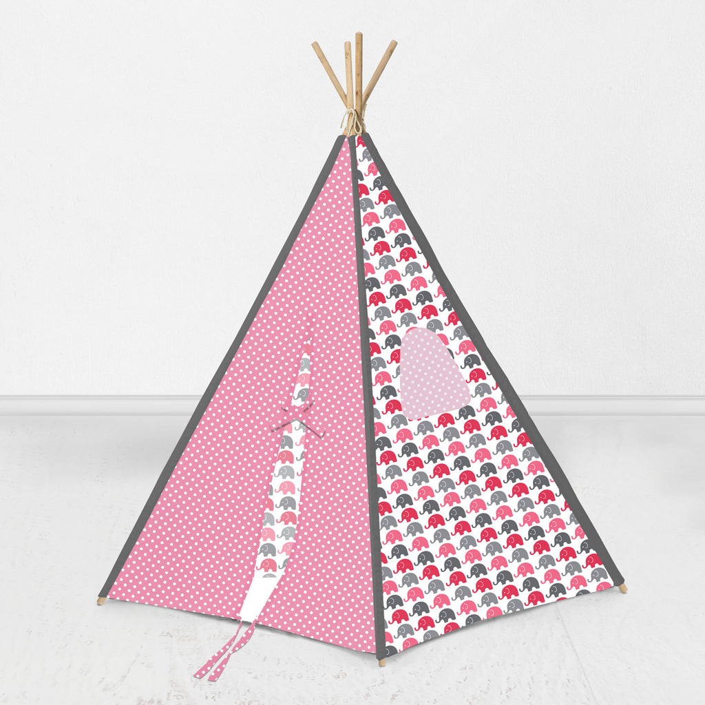 Bacati - Elephants Teepee Tent for Kids/Toddlers, 100% Cotton Breathable Percale Fabric Cover, Pink/Grey - Bacati