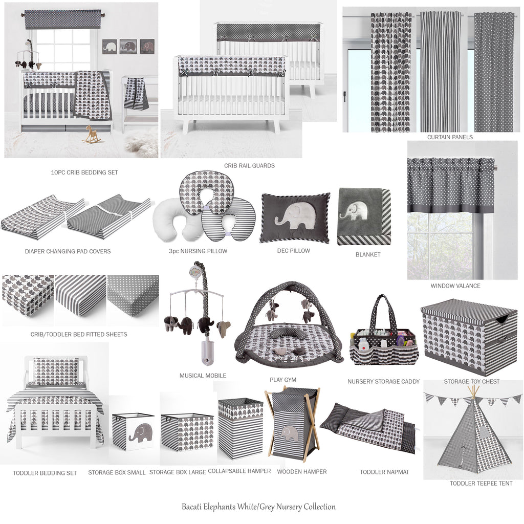 Bacati - Multiple Options of Crib or Toddler Bed Skirt or Dust Ruffle 100% Cotton Percale, Elephants White/Grey - Bacati