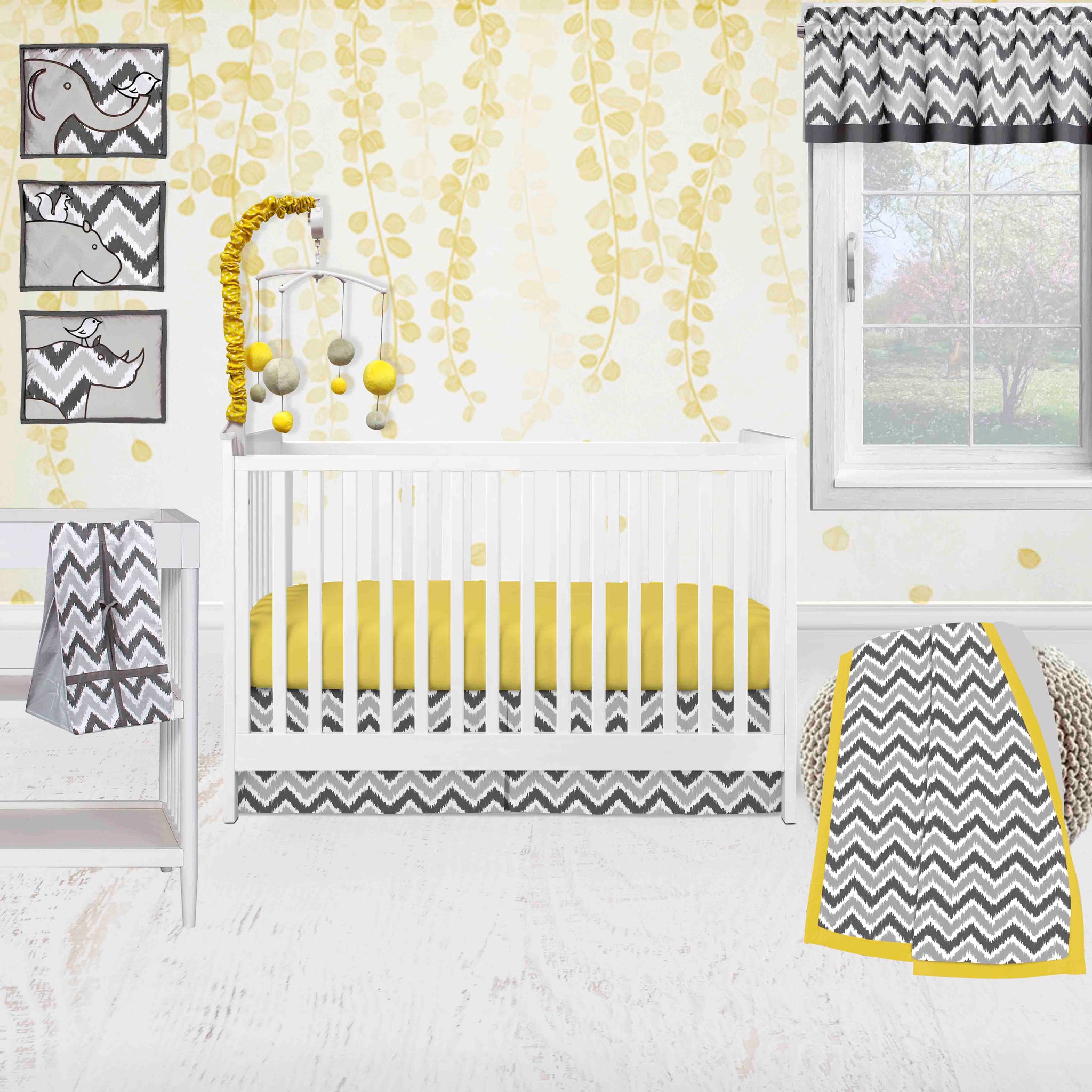Bacati - Dots Pin Stripes 10-Piece Crib Bedding Set with Two Crib Sheets - Grey/Yellow Unisex, image size:2048x2048