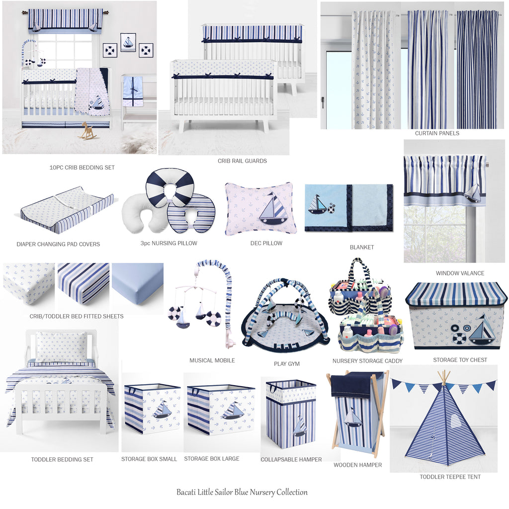 Bacati - Boys 4 pc Toddler Bedding/3 pc Sheet Set 100% Cotton Percale, Little Sailor Blue/Navy - Bacati