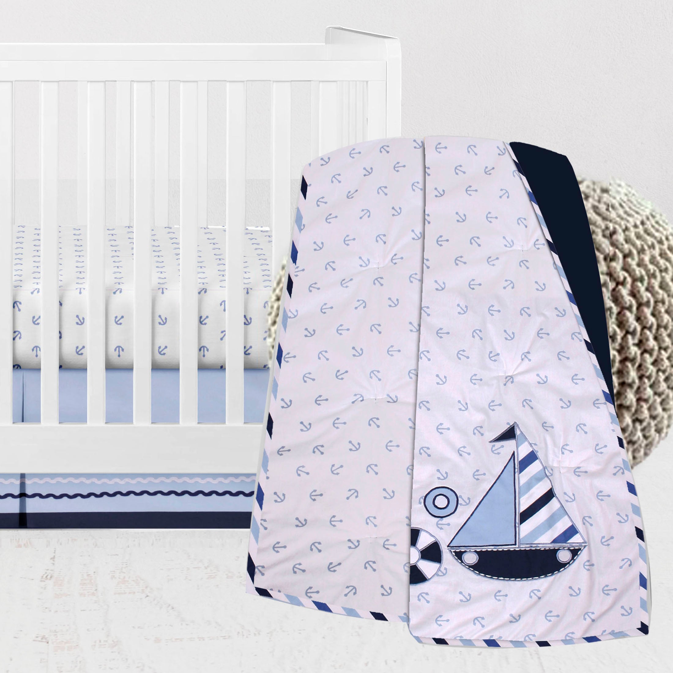 Bacati Little Sailor Anchor 3-Piece Crib Bedding Set Blue/Navy Boy