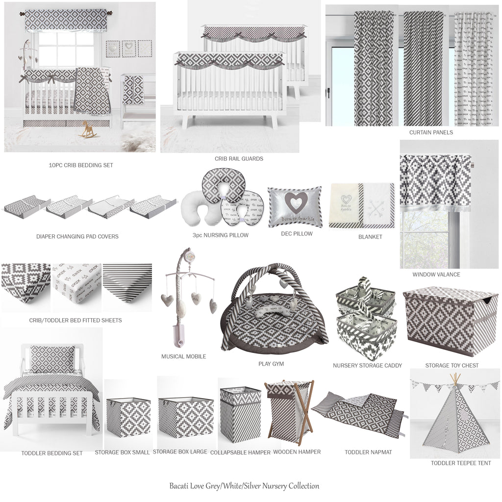 Bacati - Long/Small Crib Rail Guard Covers Love Aztec, Grey/Silver - Bacati