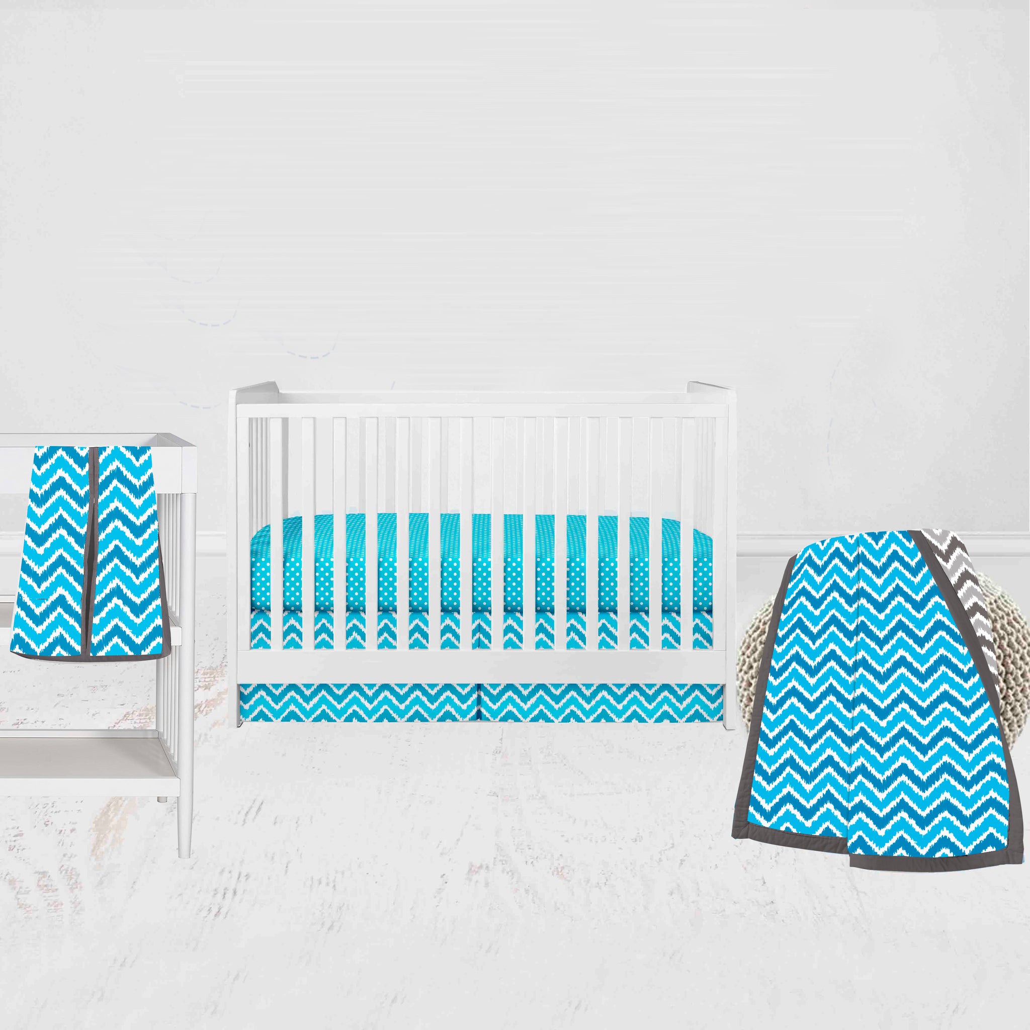 Bacati - Mix N Match Ikat Chevron 4-Piece Crib Bedding Set with Diaper Stacker - Aqua/Gray, image size:2048x2048