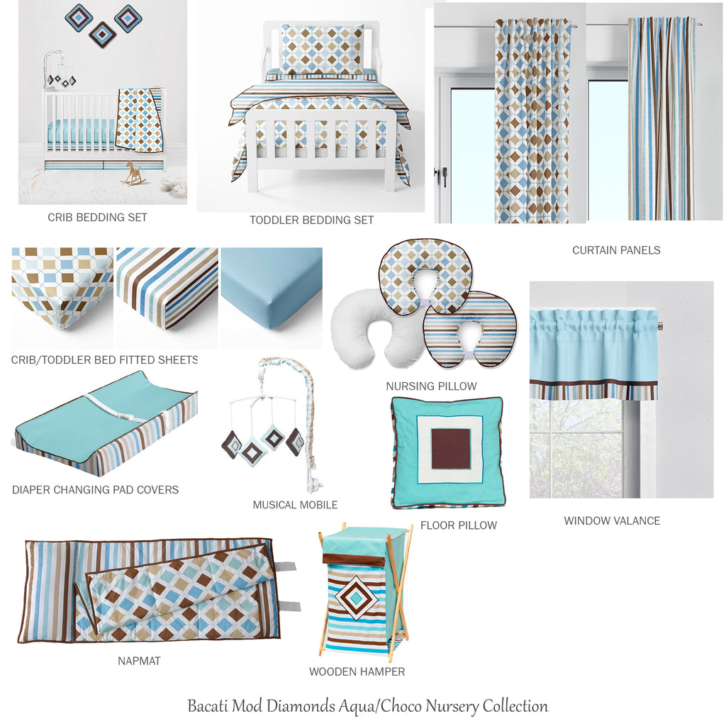 Bacati - Boys 4 pc Toddler Bedding/3 pc Sheet Set 100% Cotton Percale, Mod Diamonds Stripes, Aqua/Teal/Beige/Brown - Bacati