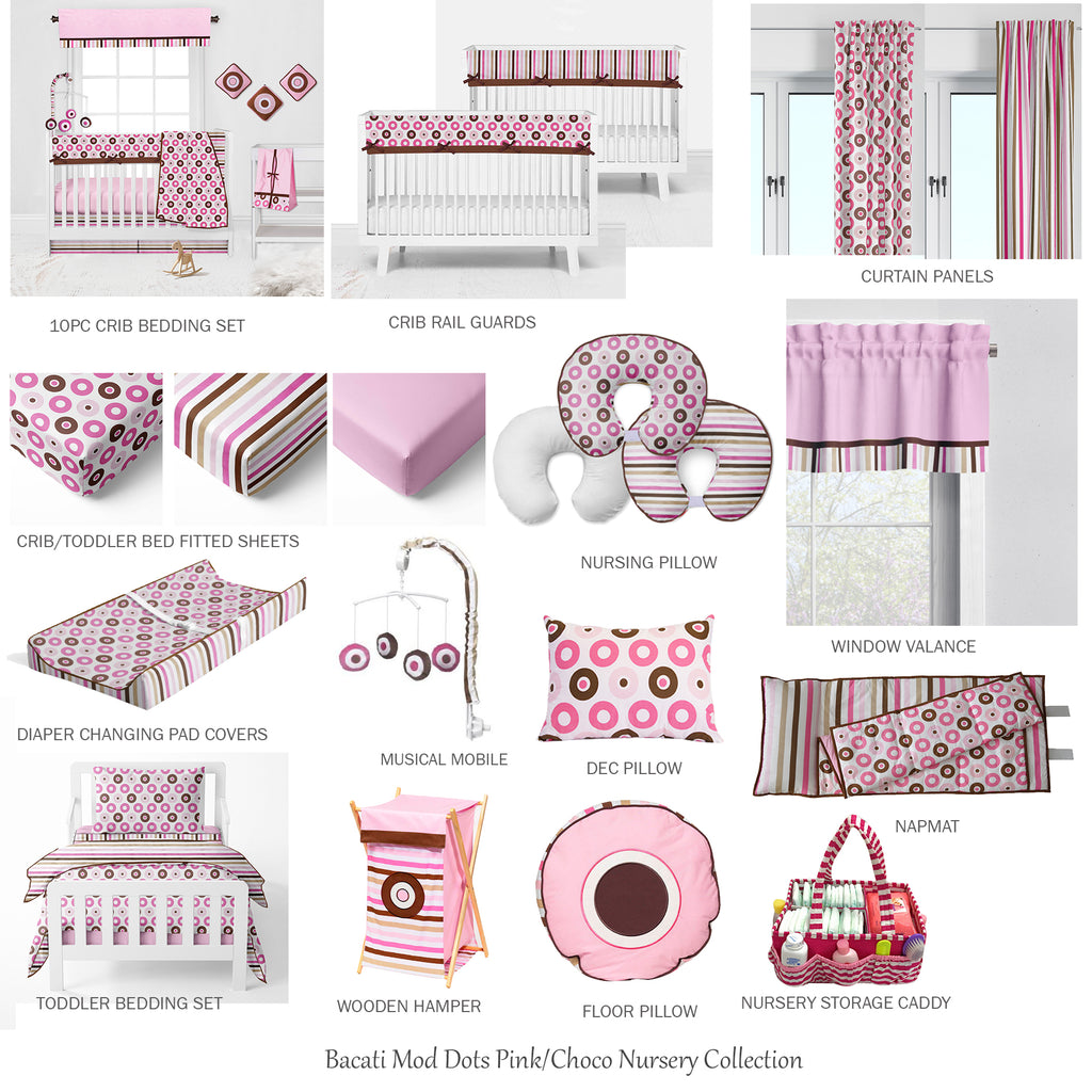 Bacati - Girls 4 pc Toddler Bedding/3 pc Sheet Set 100% Cotton Percale, Mod Dots/Stripes, Pink/Fuchsia/Beige/Brown - Bacati