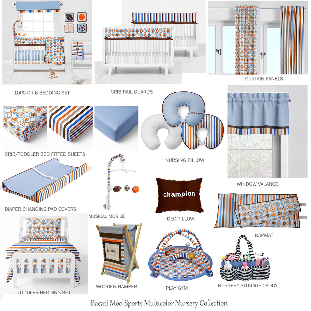Boys 4 pc Toddler Bedding/3 pc Sheet Set 100% Cotton Percale, Mod Sports Stripes, Blue/Orange/Beige/Brown - Bacati