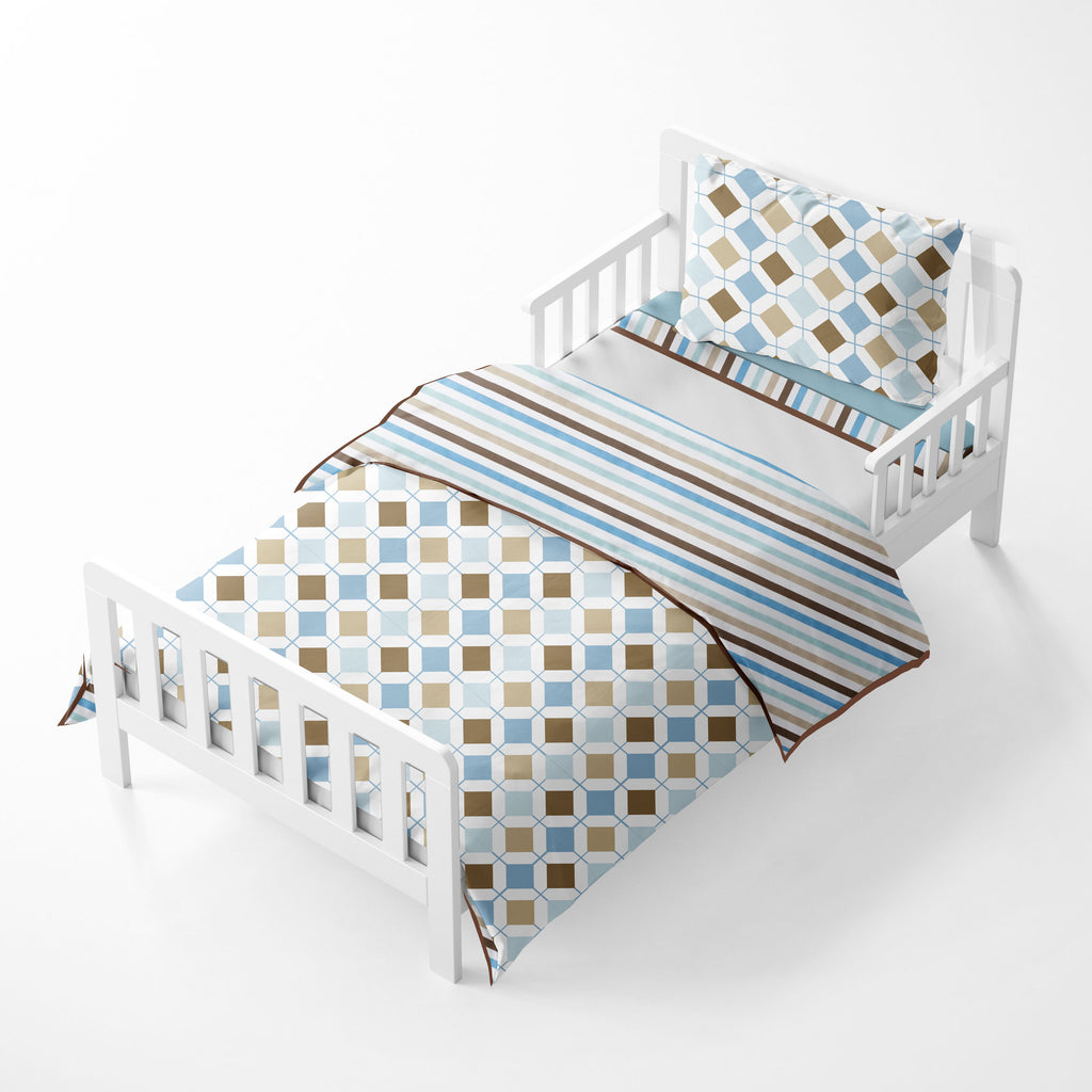 Bacati - Boys 4 pc Toddler Bedding Set 100% Cotton Percale, Mod Diamonds Stripes, Aqua/Teal/Beige/Brown - Bacati