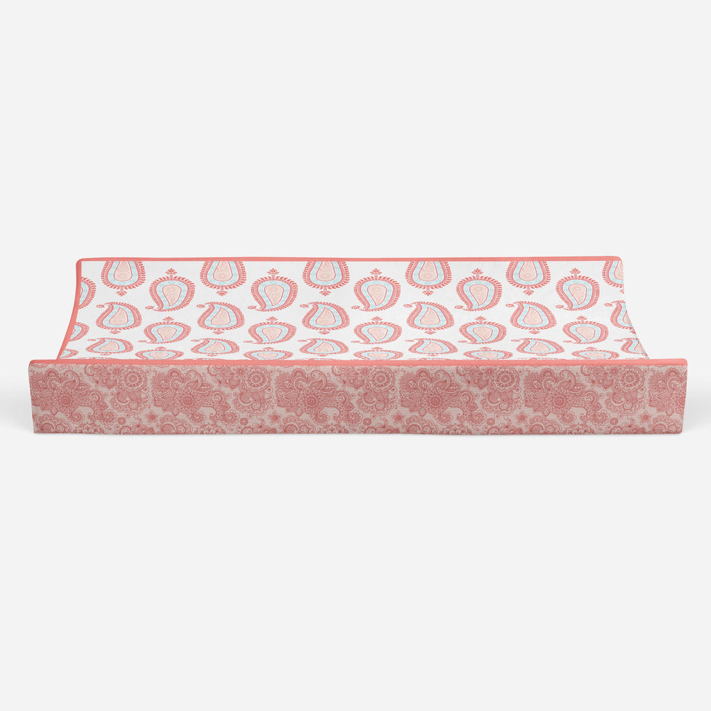 Paisley Sophia Coral/Aqua Girls Quilted Changing Pad Cover - Bacati - Changing pad cover - Bacati