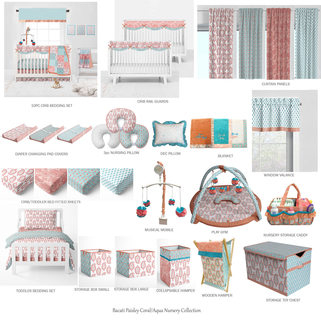 Bacati - Girls 4 pc Toddler Bedding/3 pc Sheet Set 100% Cotton Percale, Paisley Sophia Coral/Aqua - Bacati