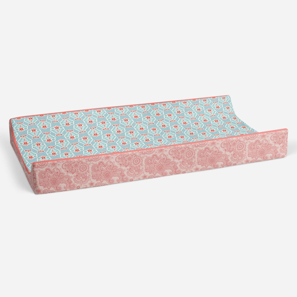 Paisley Sophia Coral/Aqua Girls Quilted Changing Pad Cover - Bacati - Changing pad cover - Bacati