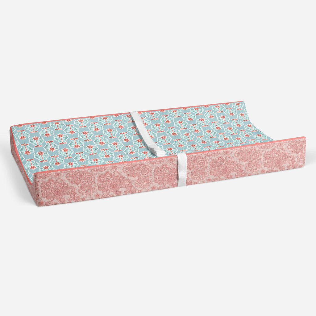 Paisley Sophia Coral/Aqua Girls Quilted Changing Pad Cover - Bacati - Changing pad cover - Bacati