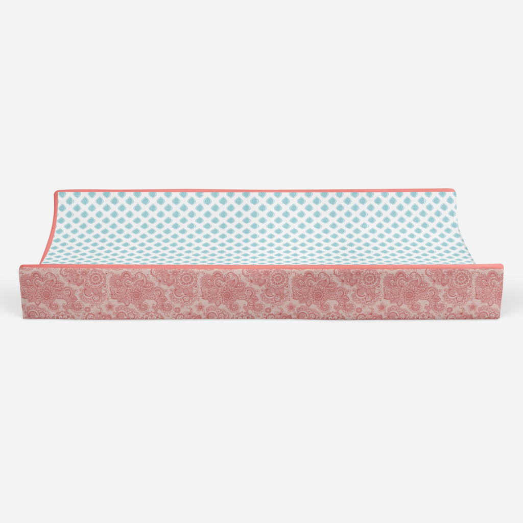 Paisley Sophia Coral/Aqua Girls Quilted Changing Pad Cover - Bacati - Changing pad cover - Bacati