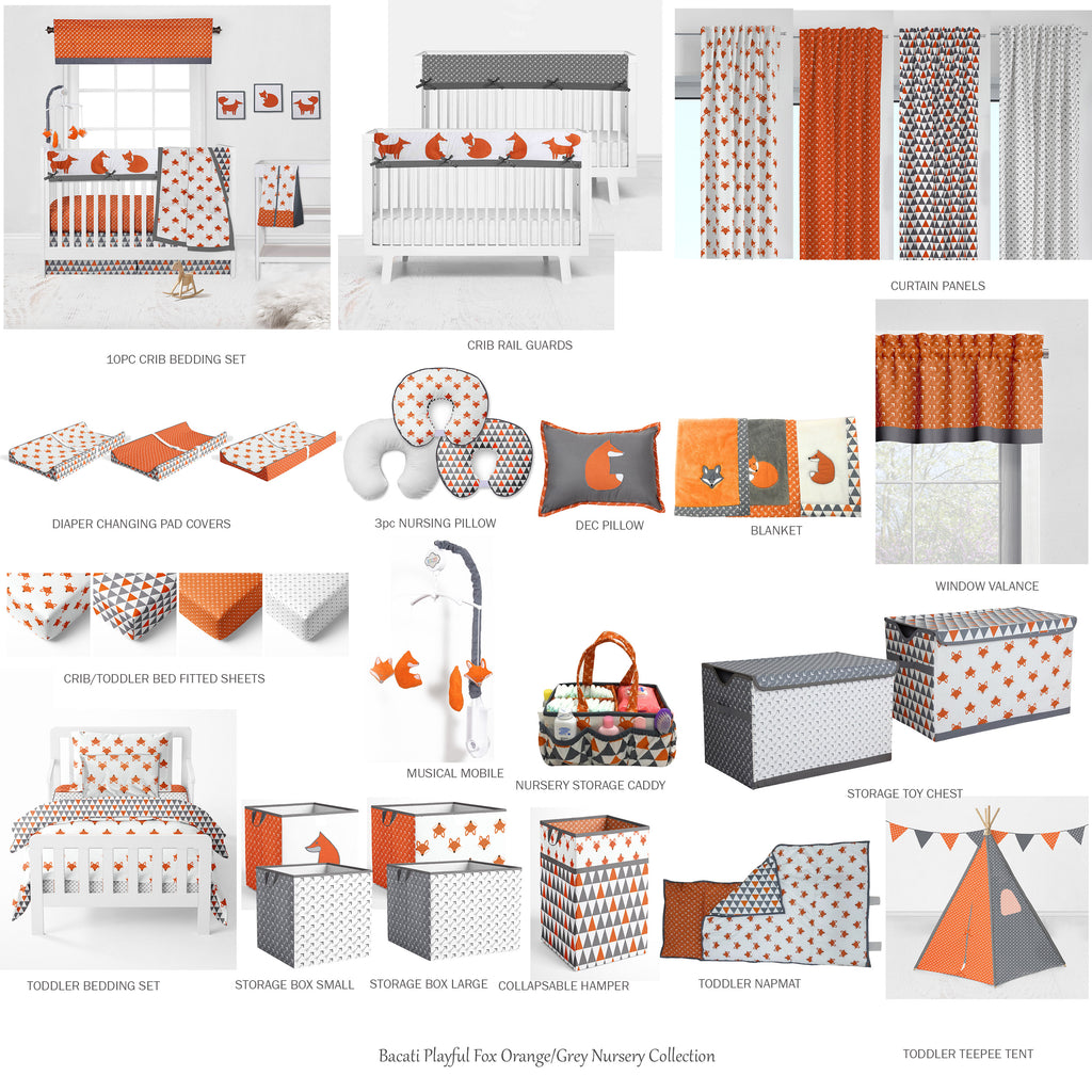 Bacati - Long/Small Crib Rail Guard Covers Cotton Playful Fox Orange/Grey - Bacati