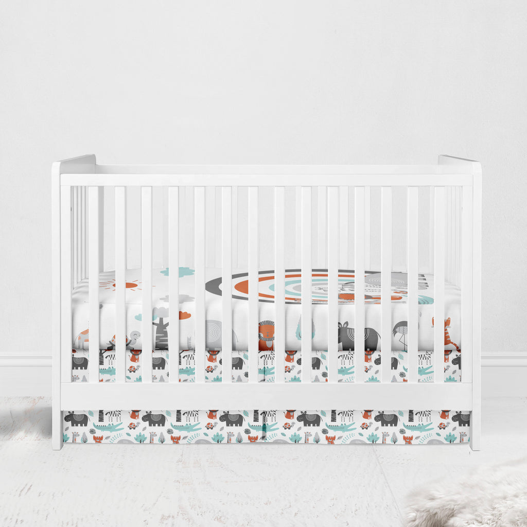 Bacati - Multiple Options of Crib or Toddler Bed Skirt or Dust Ruffle 100% Cotton Percale, Safari Jungle Aqua/Orange/Grey - Bacati