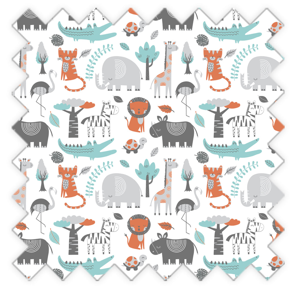 Bacati - Multiple Options of Crib or Toddler Bed Skirt or Dust Ruffle 100% Cotton Percale, Safari Jungle Aqua/Orange/Grey - Bacati