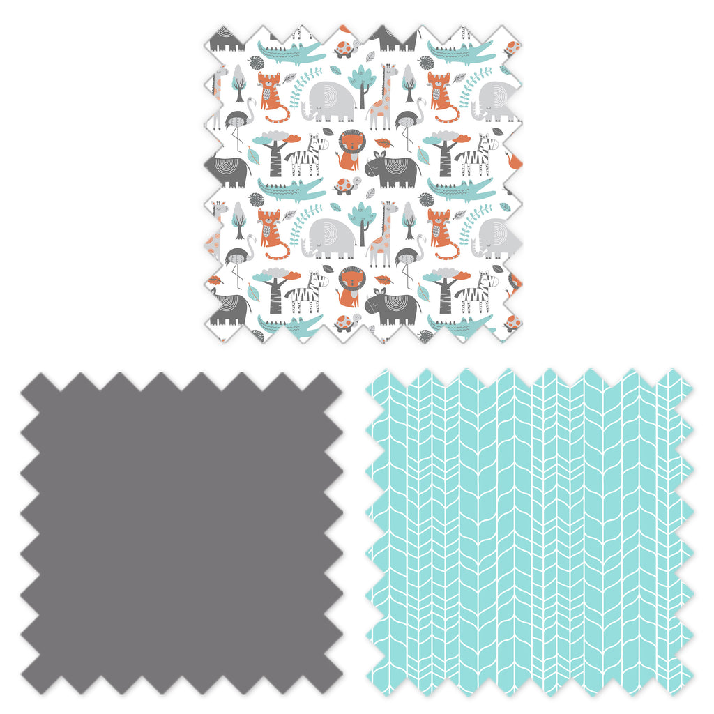 Bacati - Multiple Options of Crib or Toddler Bed Skirt or Dust Ruffle 100% Cotton Percale, Safari Jungle Aqua/Orange/Grey - Bacati