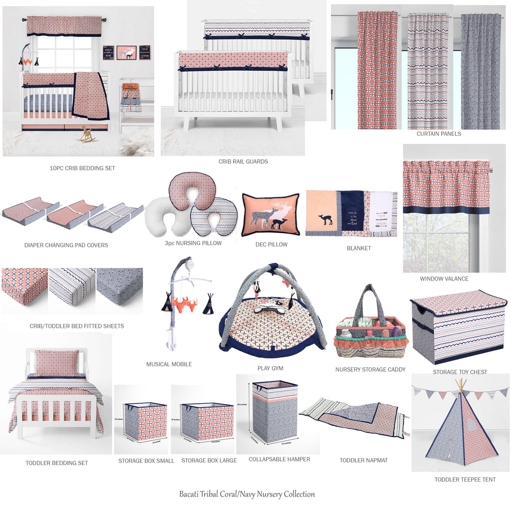 Bacati - Crib or Toddler Bed Fitted Sheet 100% Cotton Percale, Tribal Olivia Coral/Navy - Bacati