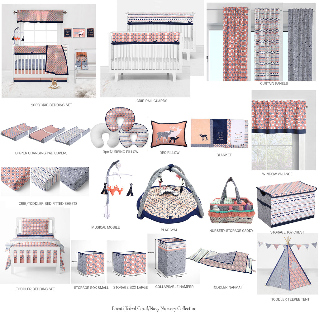 Bacati - Long/Small Crib Rail Guard Covers Cotton Tribal Olivia Coral/Navy - Bacati