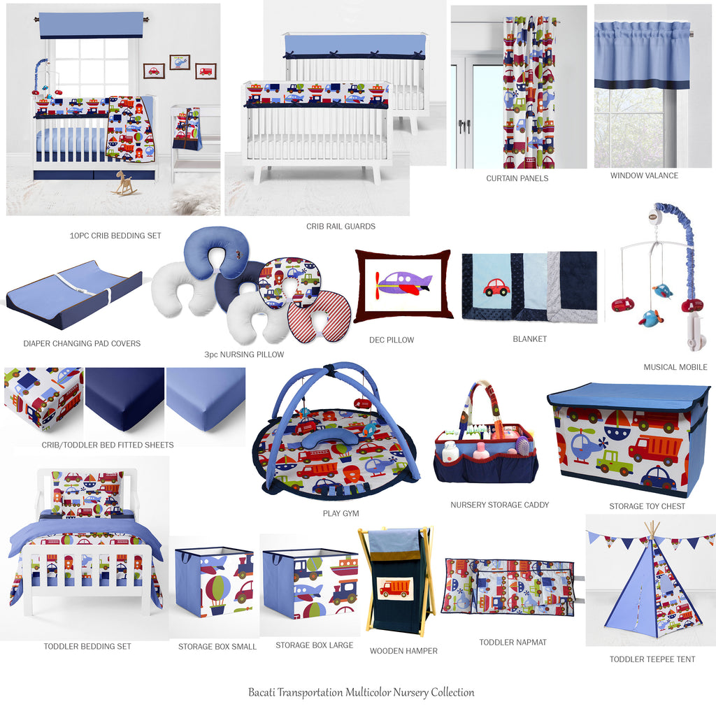 Bacati - Boys 4 pc Toddler Bedding/3 pc Sheet Set 100% Cotton Percale, Transportation Blue/Navy/Orange/Red/Green - Bacati