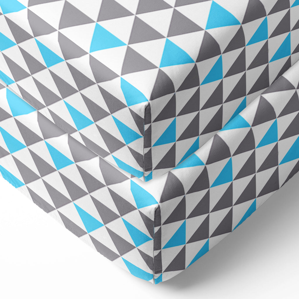 Bacati - Crib or Toddler Bed Fitted Sheet 100% Cotton Percale, Woodlands Aqua/Navy/Grey - Bacati