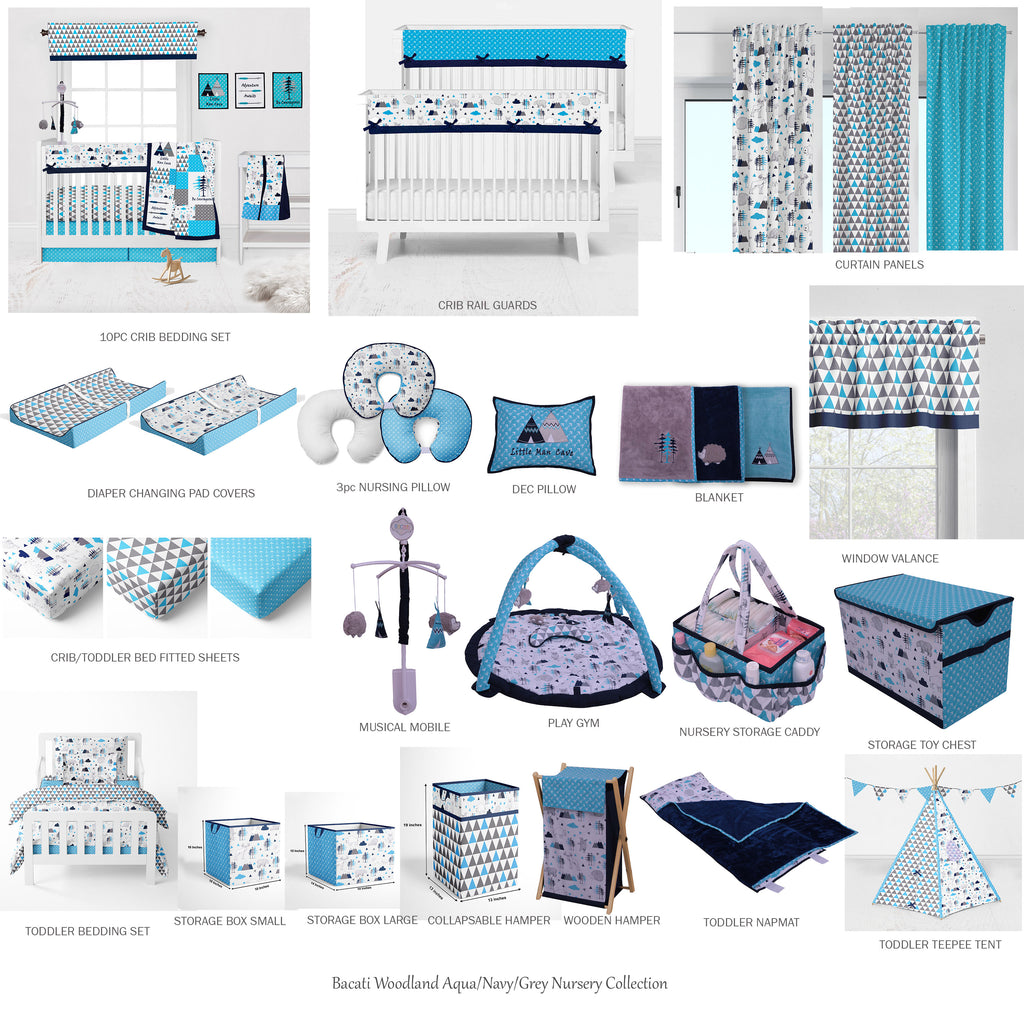Bacati - Long/Small Crib Rail Guard Covers Cotton Woodlands Aqua/Navy/Grey - Bacati