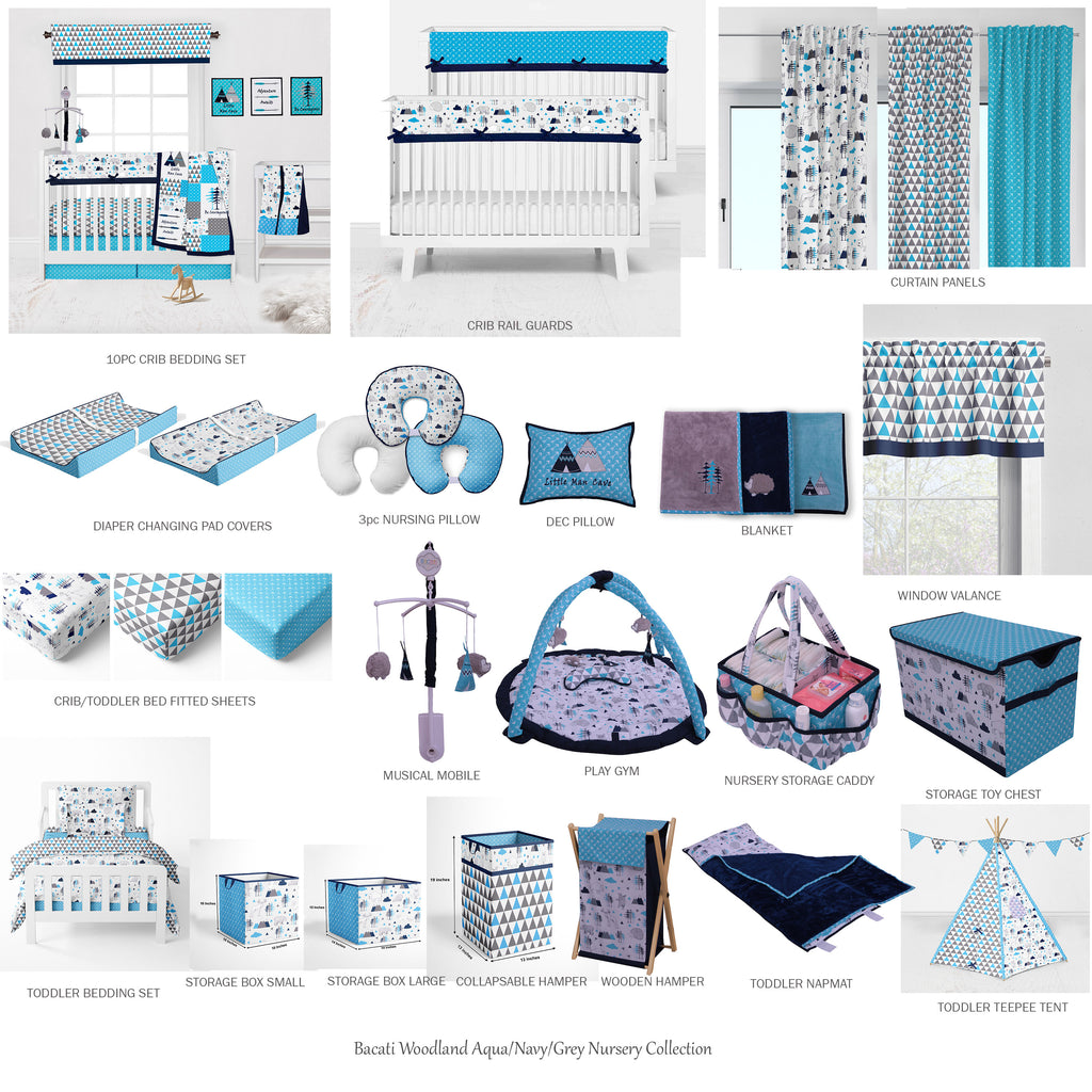 Bacati - Toddler Bedding/Sheet Set 100% Cotton Percale, Woodlands Aqua/Navy/Grey - Bacati