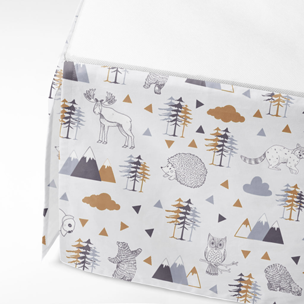 Bacati - Multiple Options of Crib or Toddler Bed Skirt or Dust Ruffle 100% Cotton Percale, Woodlands Animals Beige/Grey - Bacati