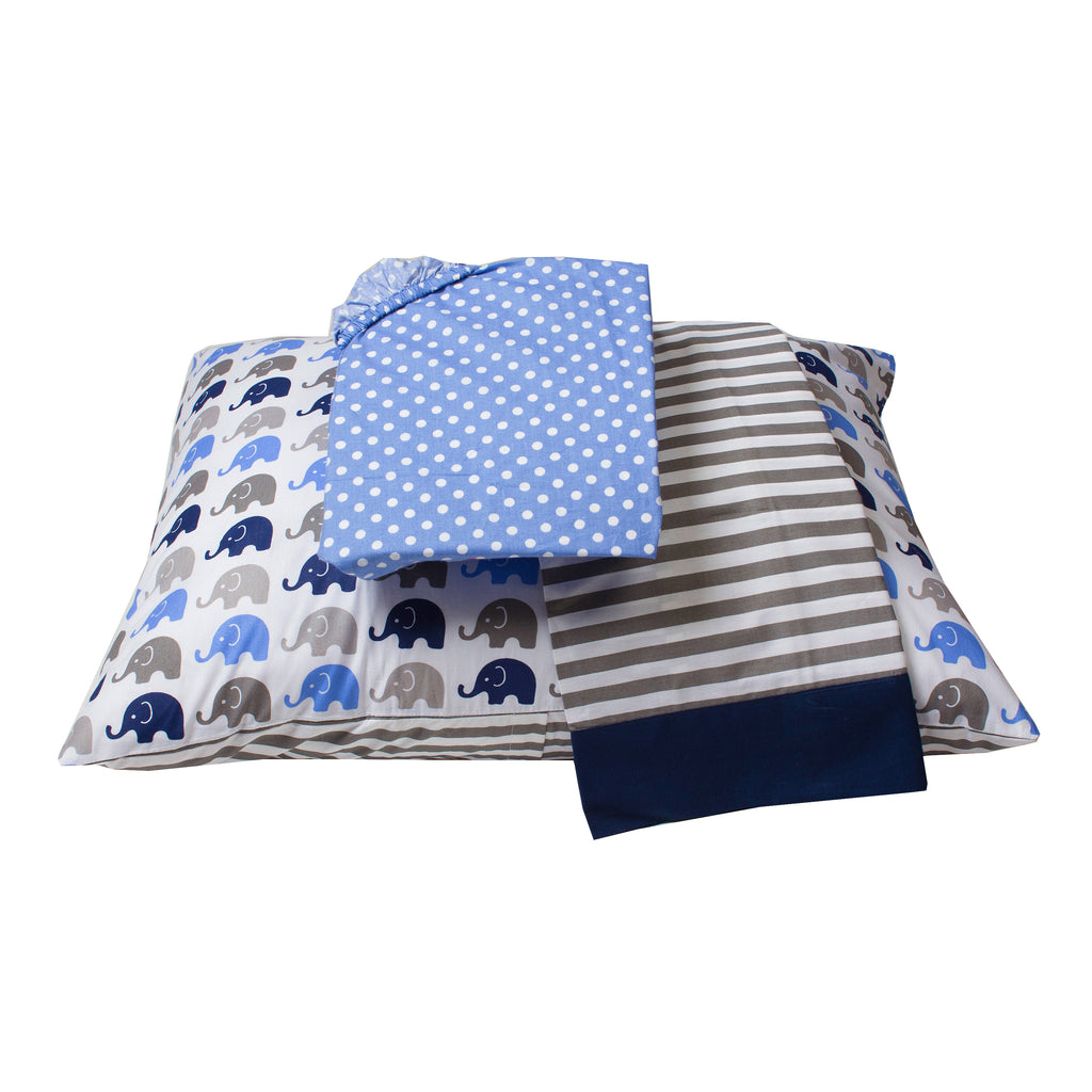 Toddler Bedding/Sheet Set 100% Cotton Percale, Elephants Blue/Grey - Bacati - 4 pc Toddler Bedding Set - Bacati