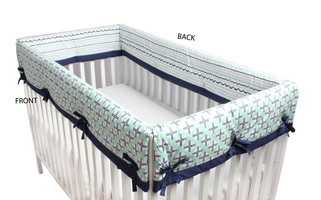 Long/Small Crib Rail Guard Covers Cotton Tribal Noah Mint/Navy - Bacati - Crib Rail Guard - Bacati