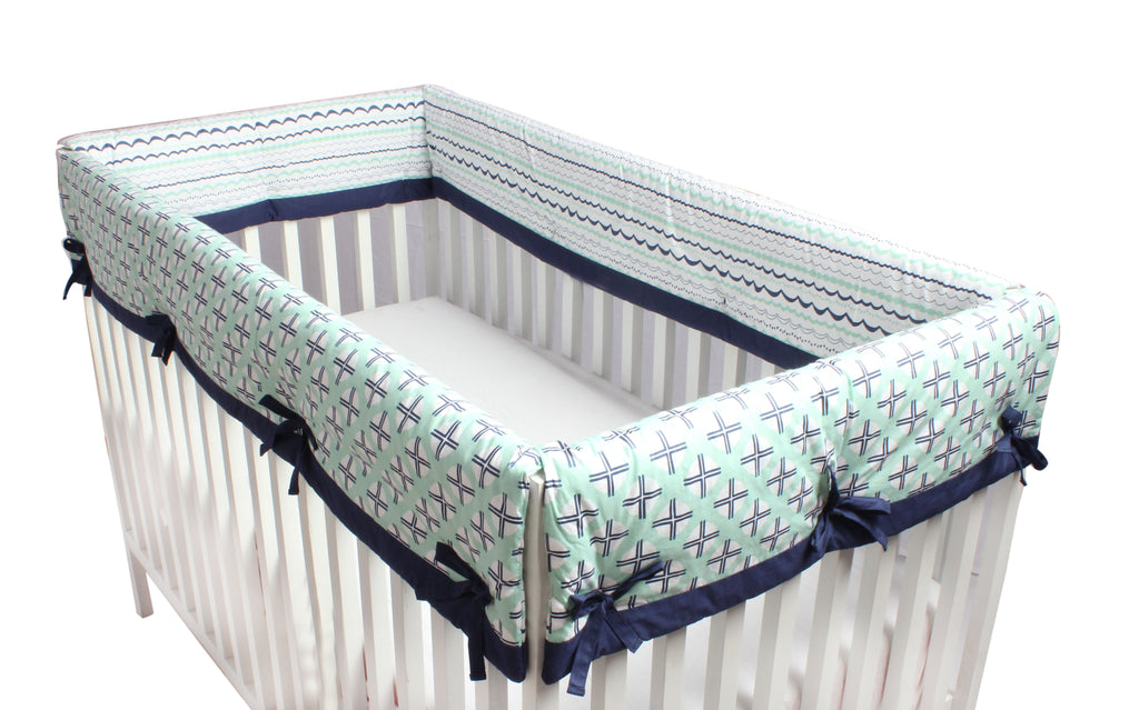 Long/Small Crib Rail Guard Covers Cotton Tribal Noah Mint/Navy - Bacati - Crib Rail Guard - Bacati