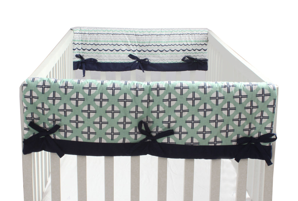 Long/Small Crib Rail Guard Covers Cotton Tribal Noah Mint/Navy - Bacati - Crib Rail Guard - Bacati