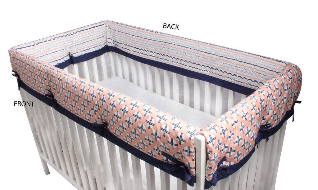 Long/Small Crib Rail Guard Covers Cotton Tribal Olivia Coral/Navy - Bacati - Crib Rail Guard - Bacati