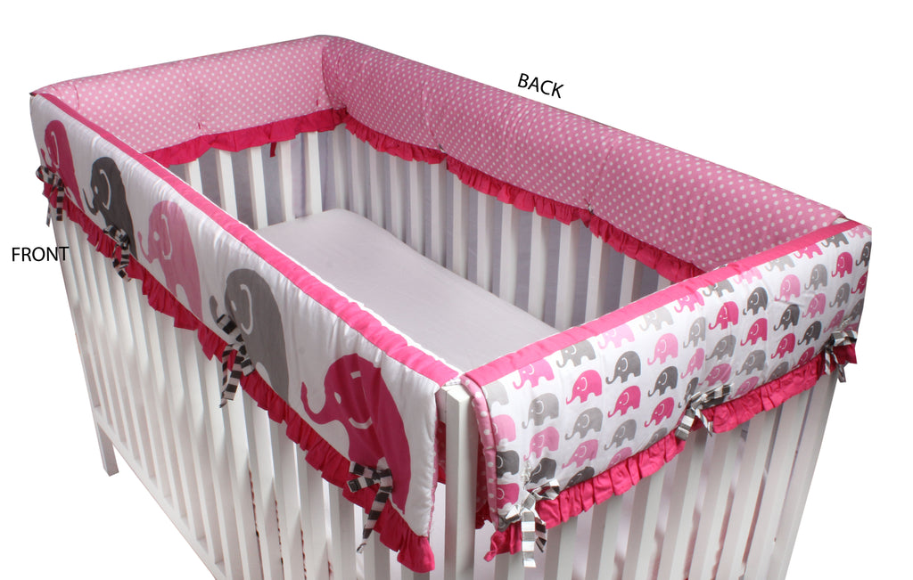 Long/Small Crib Rail Guard Covers Cotton Elephants Pink/Grey - Bacati - Crib Rail Guard - Bacati